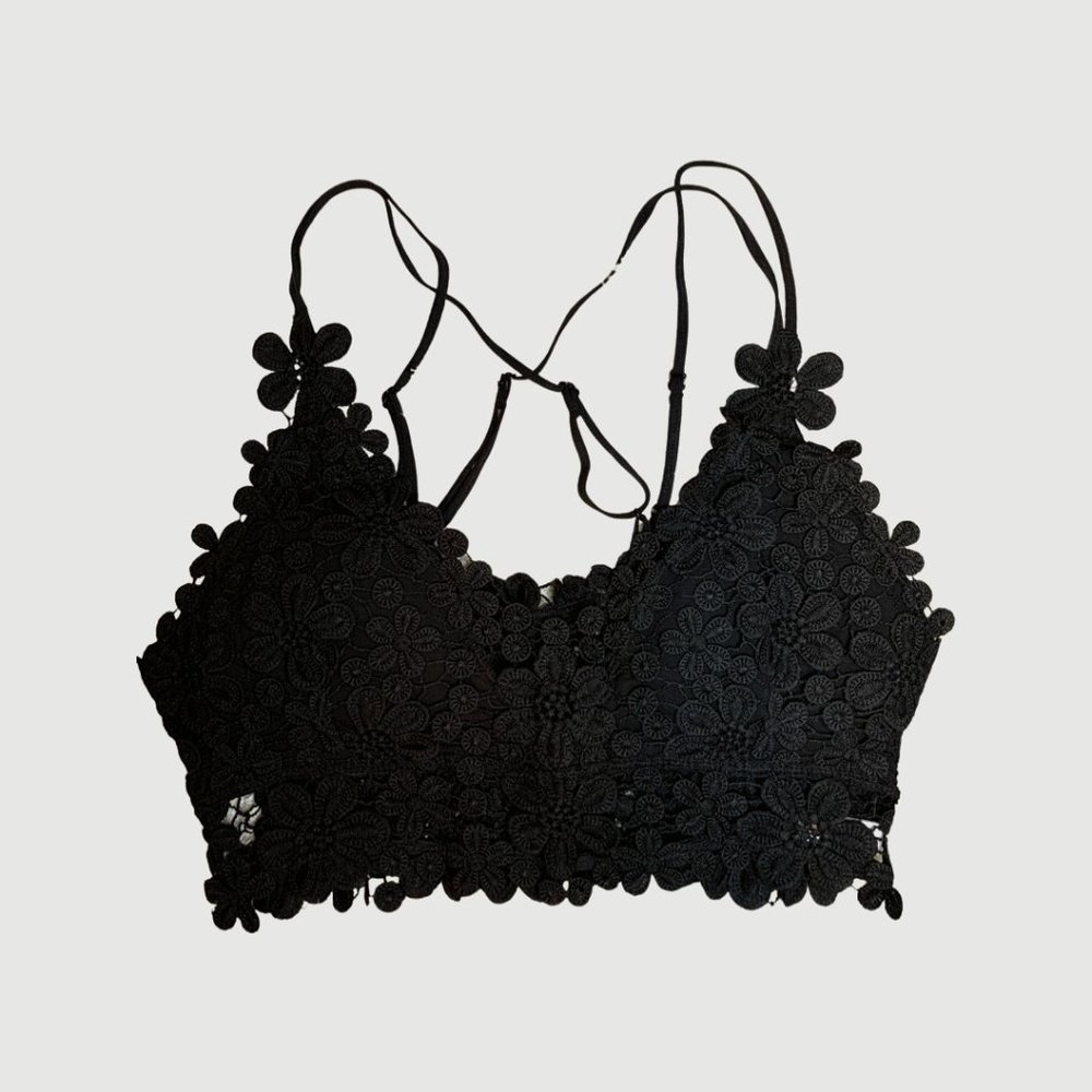 Floral Laced Spaghetti Strap Padded Bralette Black